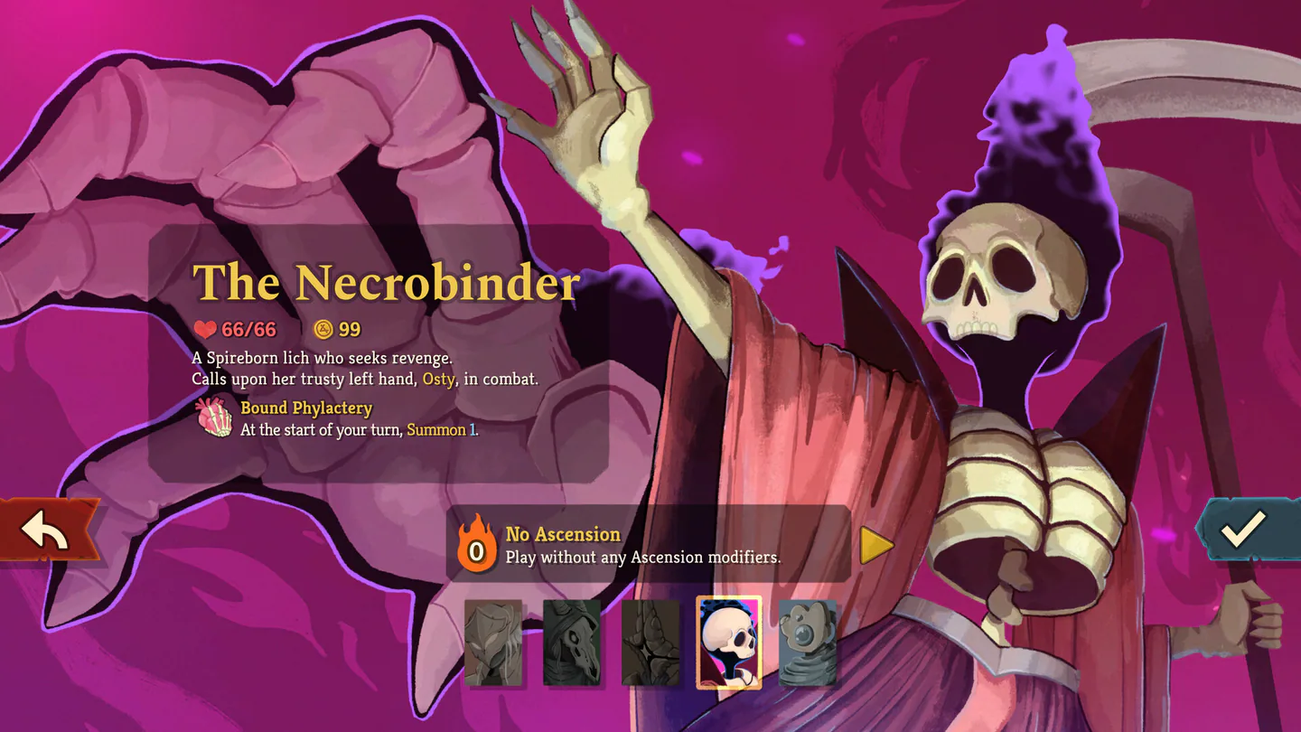 The Necrobinder character selection screen